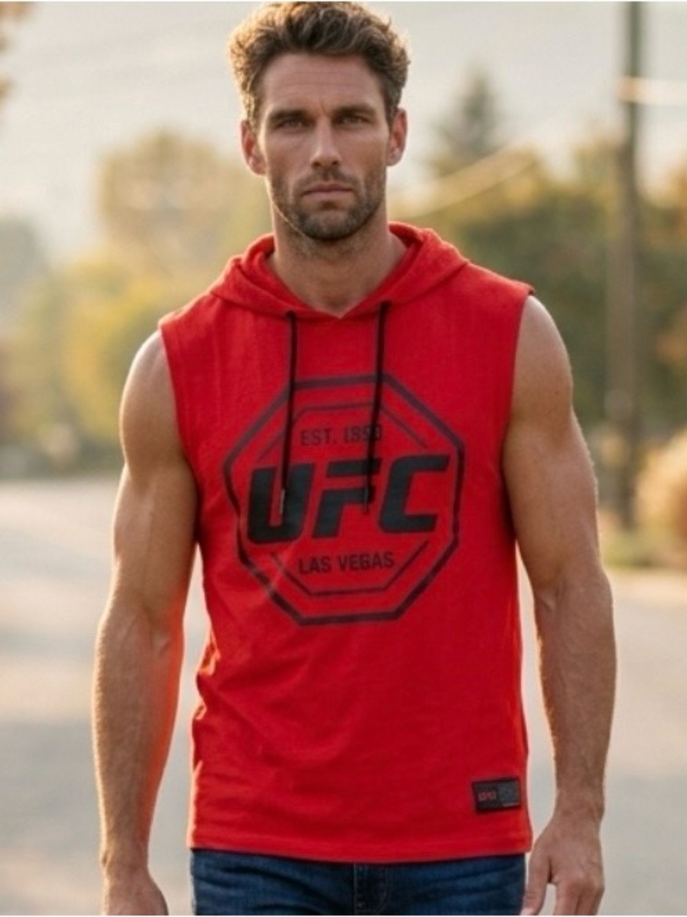 🆕 UFC Red Sleeveless Hoodie Tank Top with Black Logo